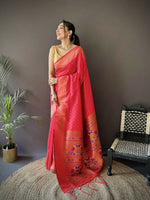Thumbnail for Joban Fashion Hot Pink Jacquard Butti Soft Lichi Silk Paithani Saree - Distacart