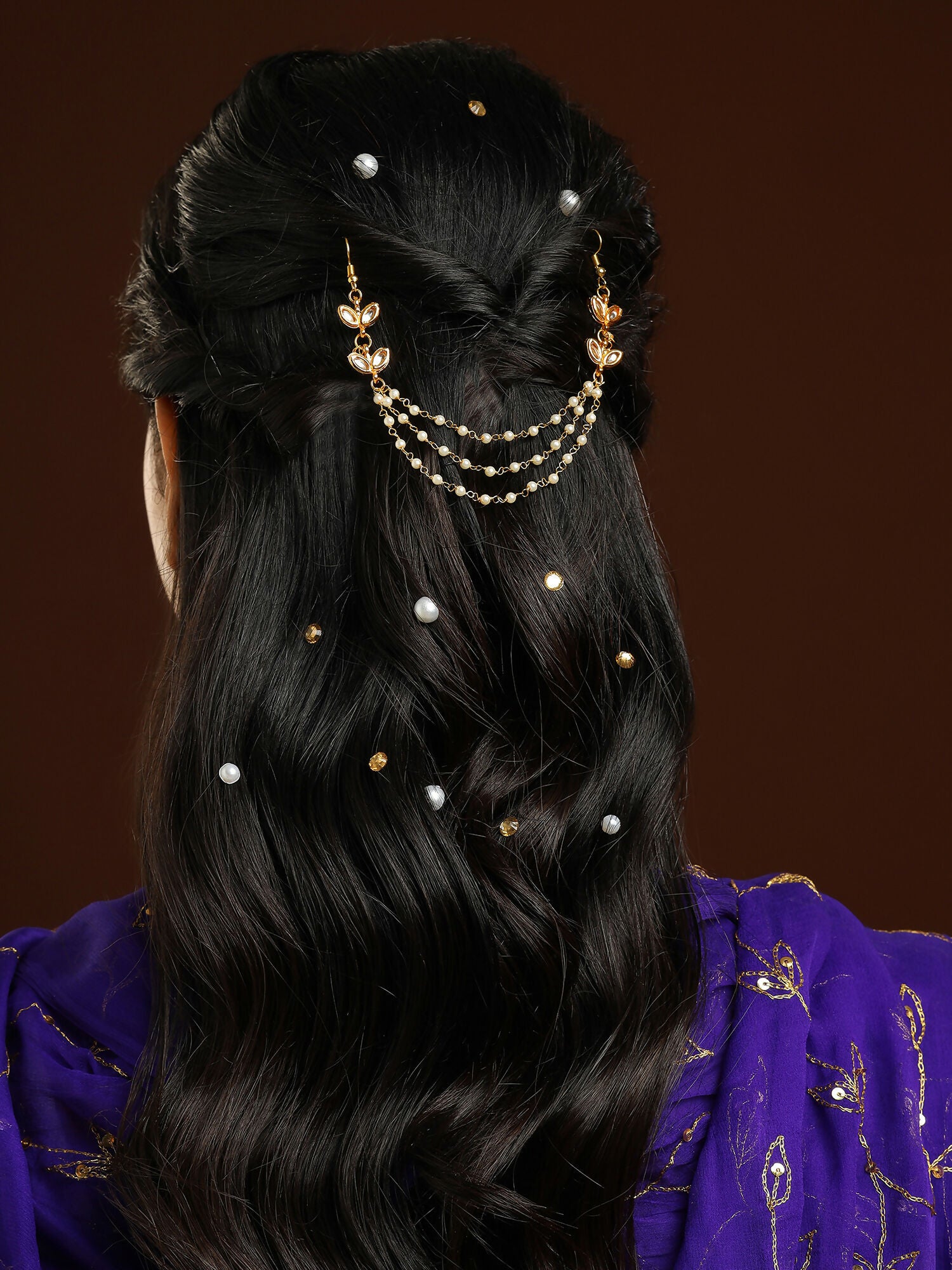 Ruby Raang Gold Kundan and Pearl Hair Jewelry