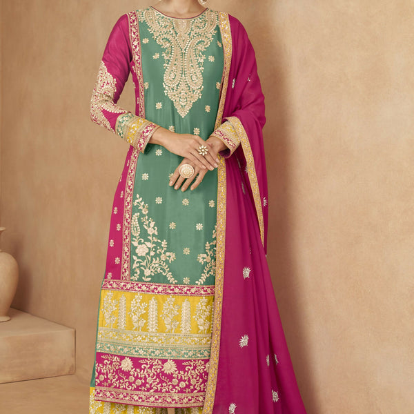 Anaita Sea Green Chiffon Suit with Embroidery Coding Sequence Work
