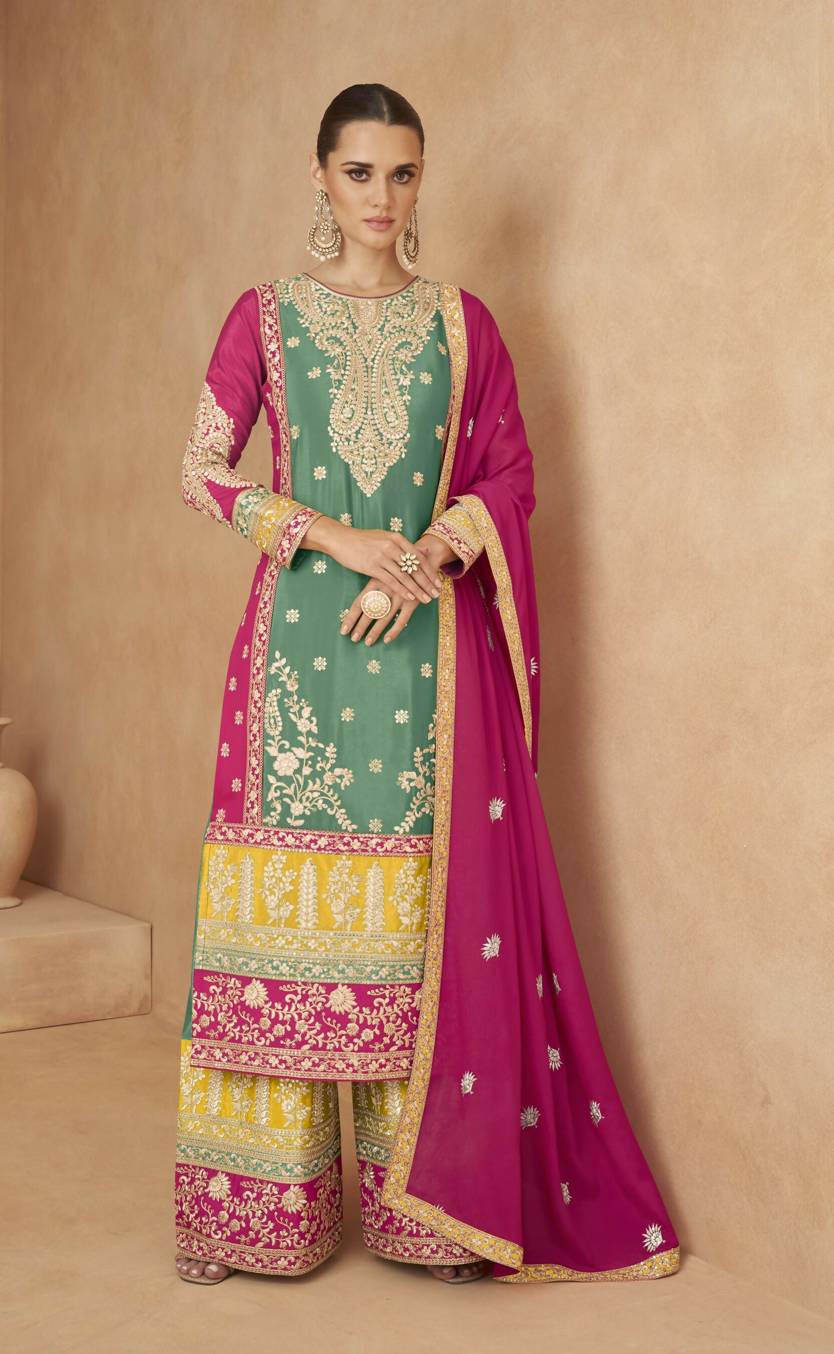 Anaita Sea Green Chiffon Suit with Embroidery Coding Sequence Work - Distacart
