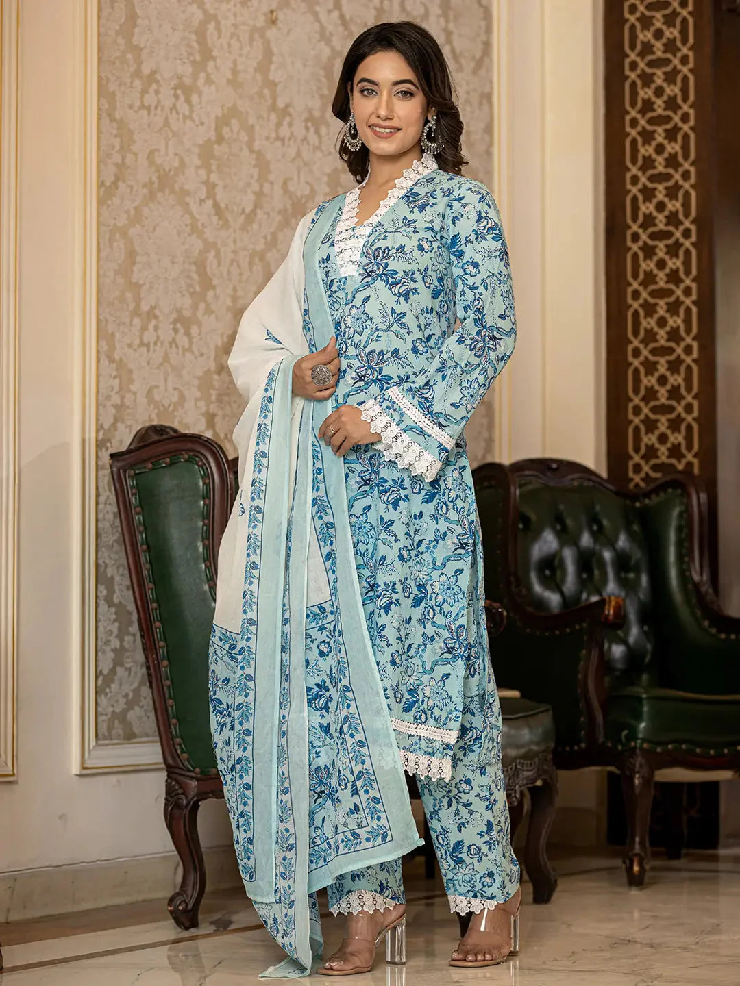 Yufta Light Blue Floral Print Straight Pakistani Style Kurta Trouser And Dupatta Set - Distacart