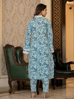 Thumbnail for Yufta Light Blue Floral Print Straight Pakistani Style Kurta Trouser And Dupatta Set