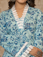 Thumbnail for Yufta Light Blue Floral Print Straight Pakistani Style Kurta Trouser And Dupatta Set
