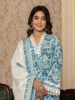 Thumbnail for Yufta Light Blue Floral Print Straight Pakistani Style Kurta Trouser And Dupatta Set