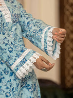 Thumbnail for Yufta Light Blue Floral Print Straight Pakistani Style Kurta Trouser And Dupatta Set