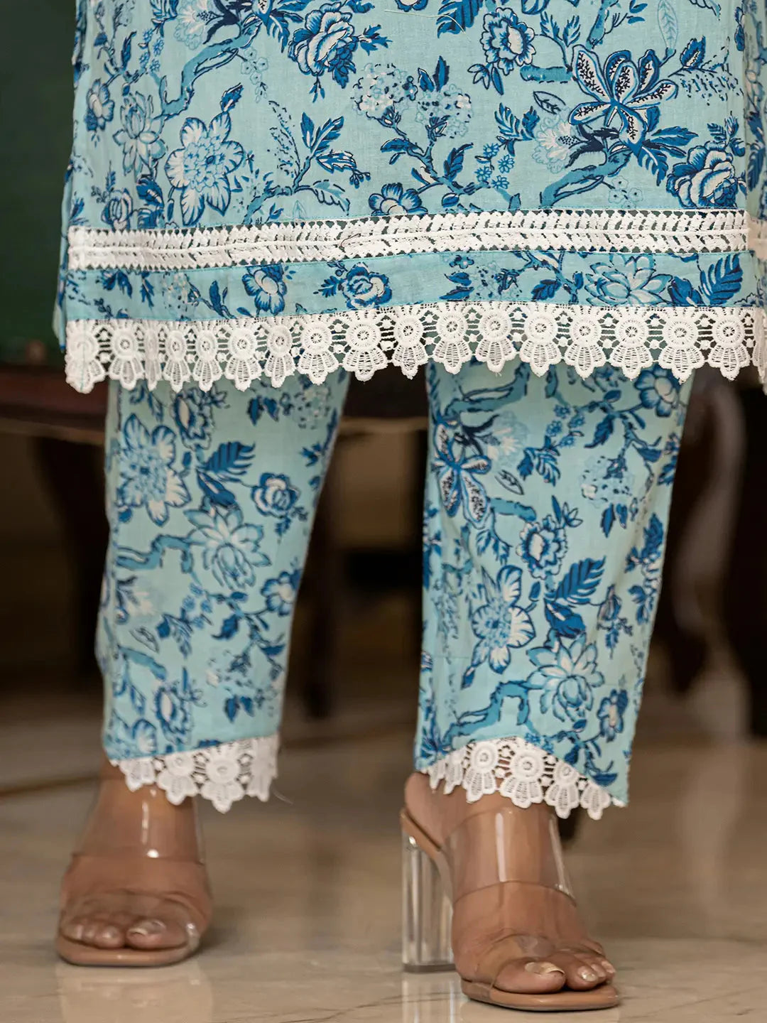 Yufta Light Blue Floral Print Straight Pakistani Style Kurta Trouser And Dupatta Set