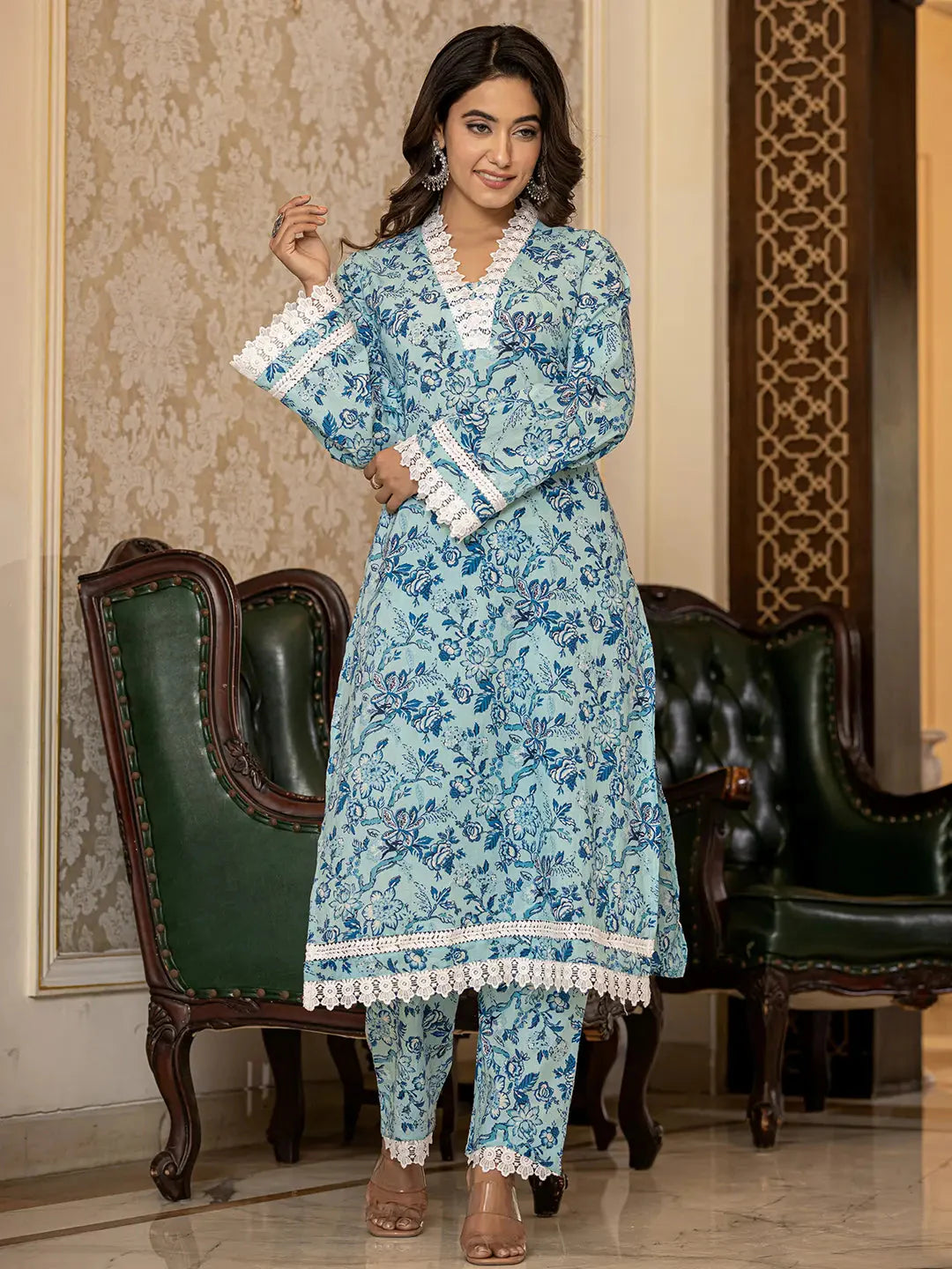 Yufta Light Blue Floral Print Straight Pakistani Style Kurta Trouser And Dupatta Set