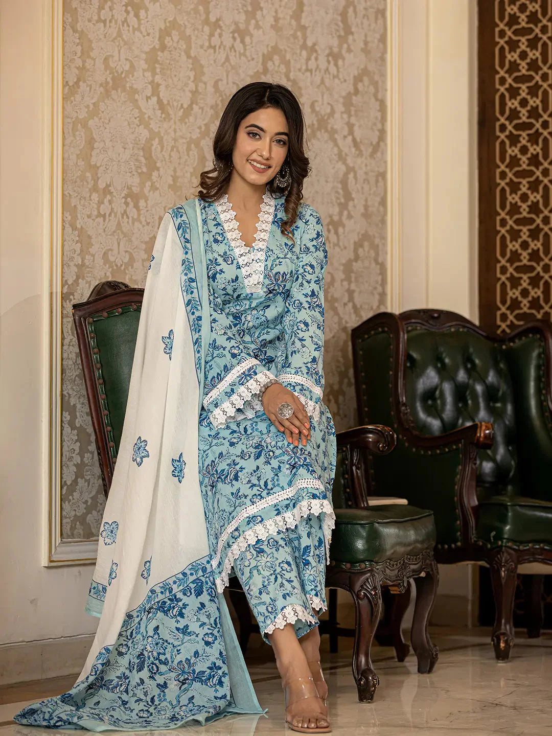 Yufta Light Blue Floral Print Straight Pakistani Style Kurta Trouser And Dupatta Set