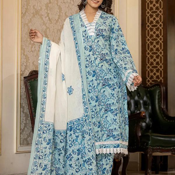 Yufta Light Blue Floral Print Straight Pakistani Style Kurta Trouser And Dupatta Set - Distacart
