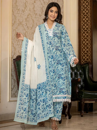 Yufta Light Blue Floral Print Straight Pakistani Style Kurta Trouser And Dupatta Set - Distacart