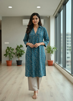 Thumbnail for BulBul Lily Teal Printed Rayon Kurta Set