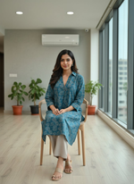 Thumbnail for BulBul Lily Teal Printed Rayon Kurta Set