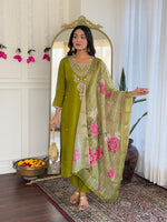 Thumbnail for The52 Women's Viscose Embroidery work Straight Kurta with Pant and Dupatta Set