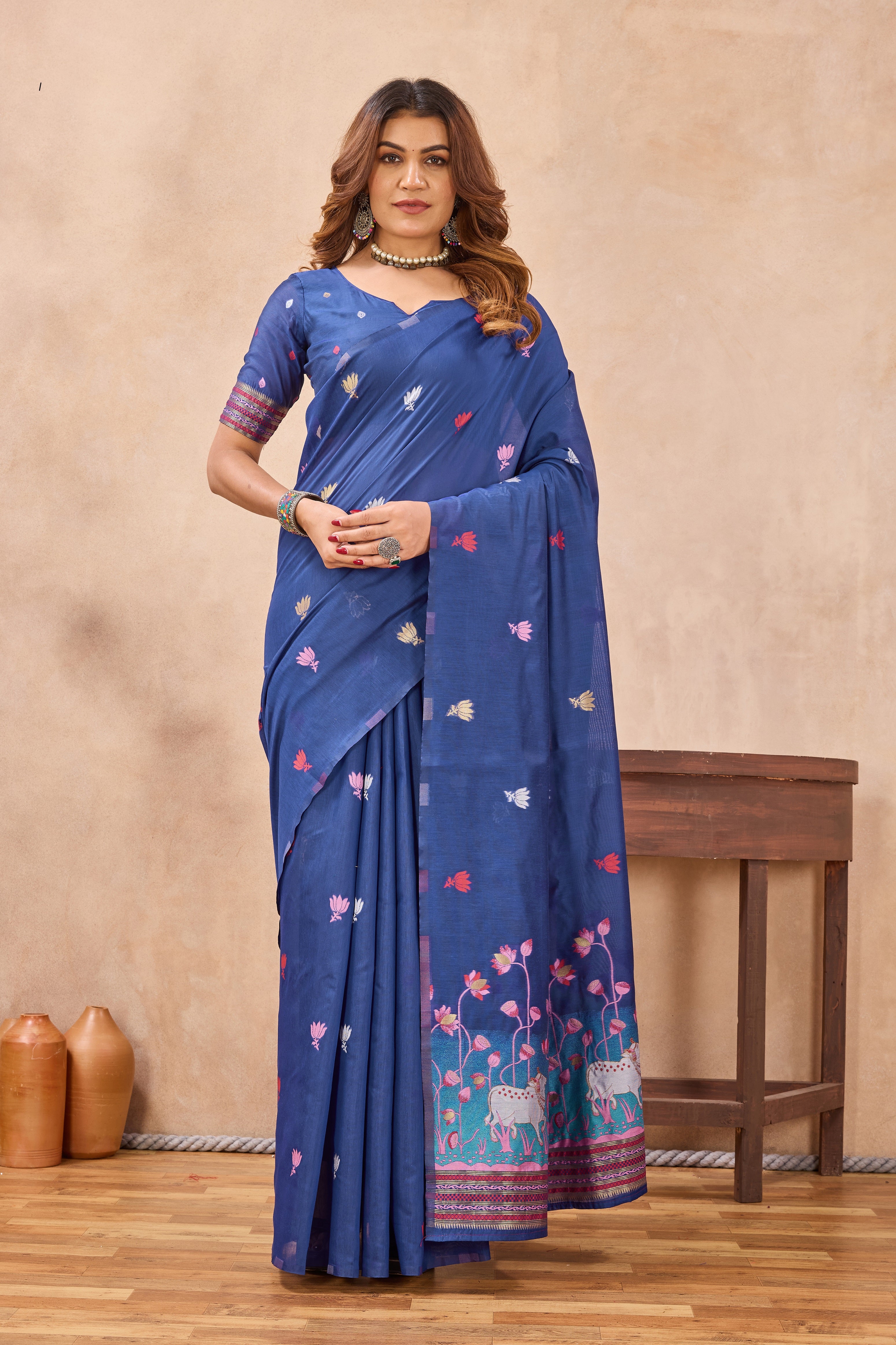 Divine International Trading Co Blue Linen Designer Party Wear Festive Saree With Unstitched Blouse Piece - Dista