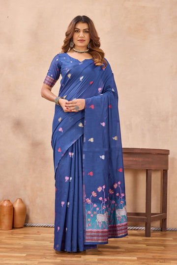 Divine International Trading Co Blue Linen Designer Party Wear Festive Saree With Unstitched Blouse Piece - Dista