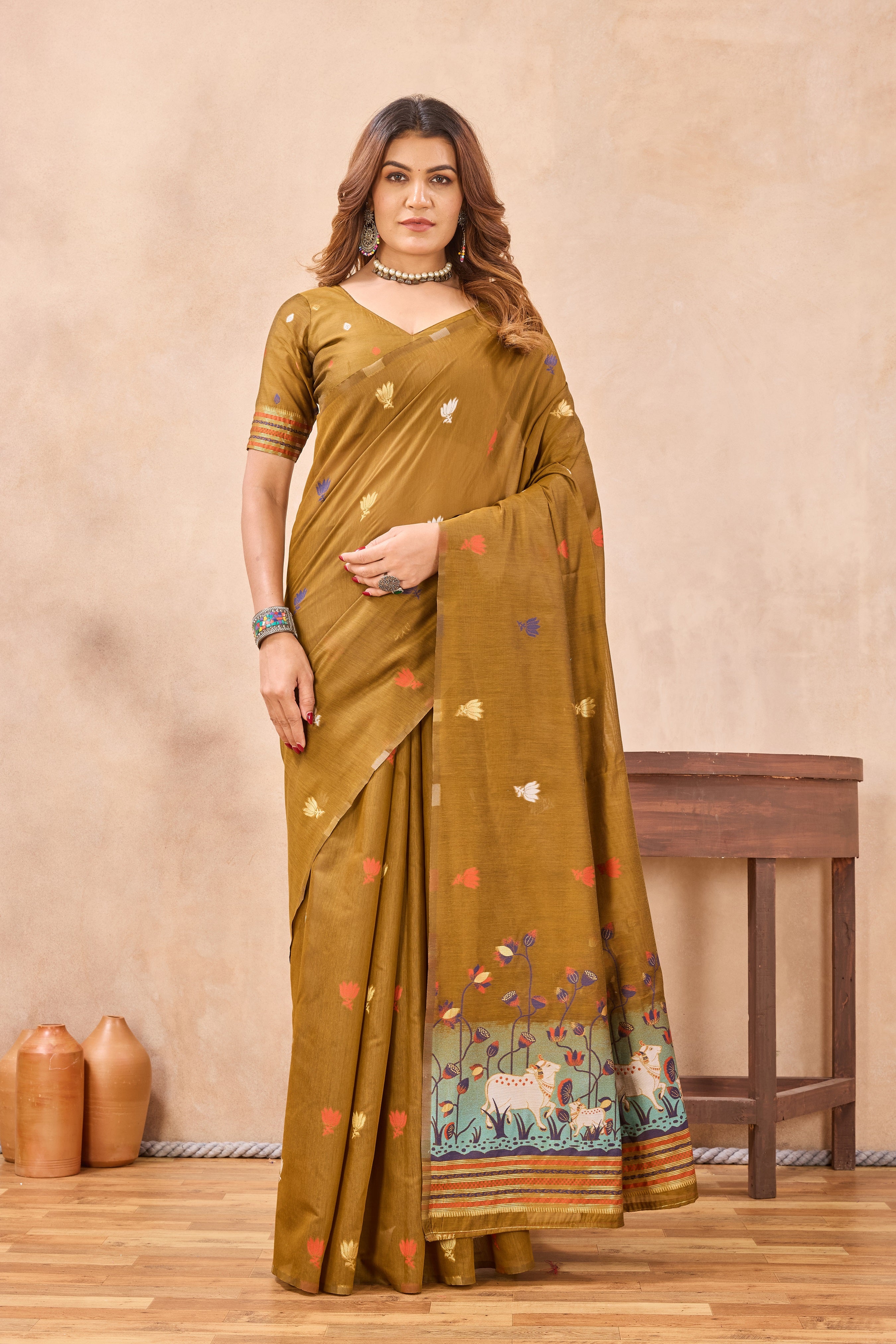 Divine International Trading Co Mustard Linen Designer Party Wear Festive Saree With Unstitched Blouse Piece - Dista