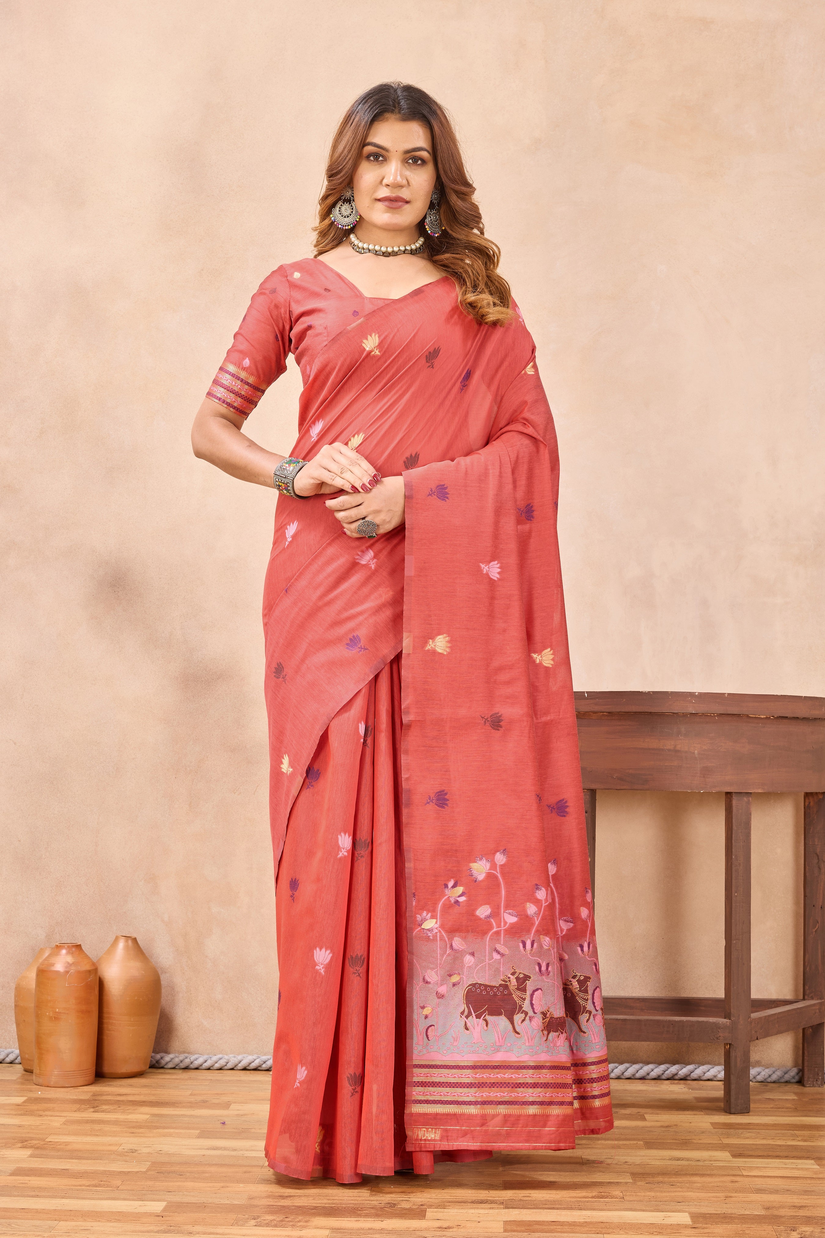 Divine International Trading Co Peach Linen Designer Party Wear Festive Saree With Unstitched Blouse Piece - Dista