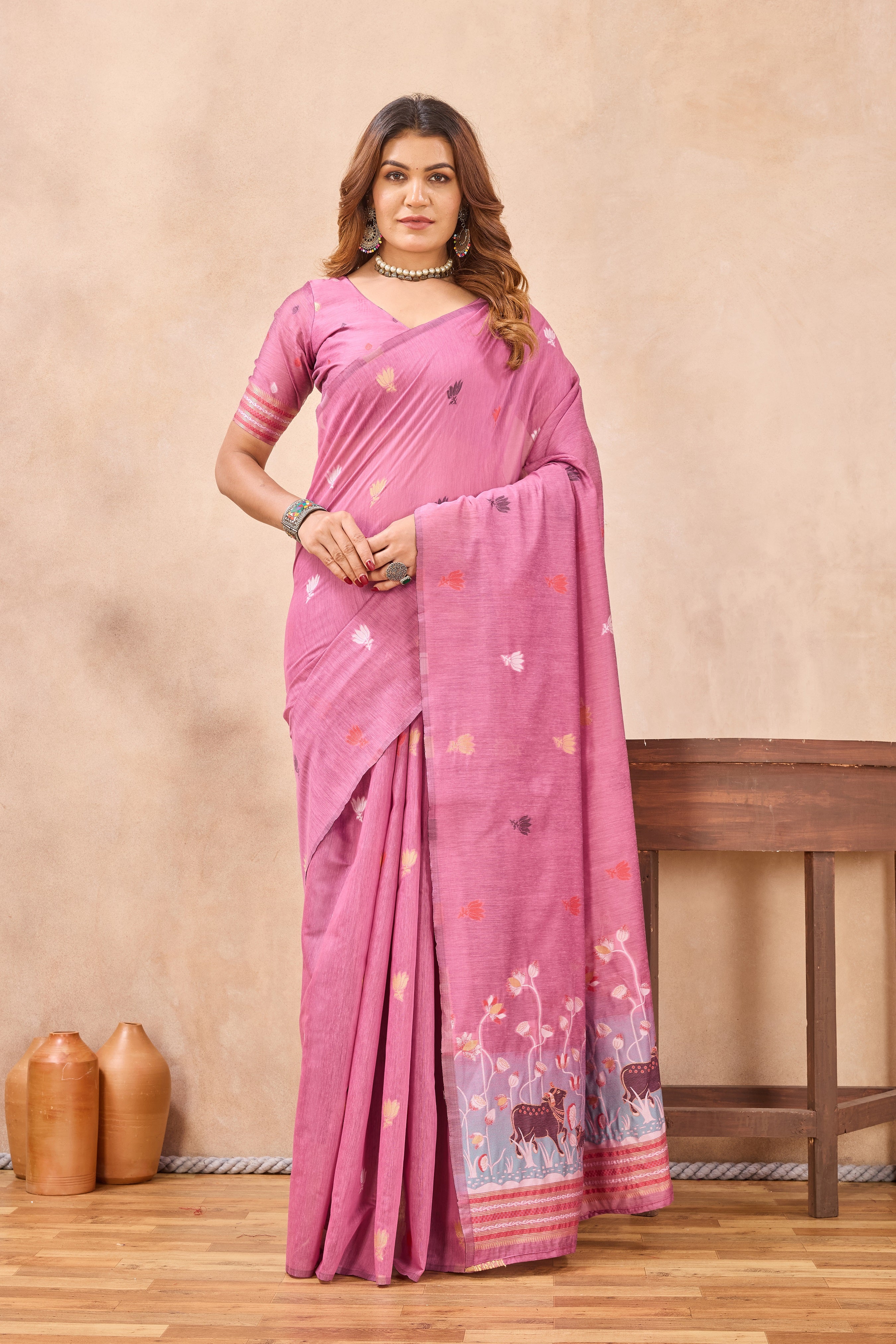 Divine International Trading Co Pink Linen Designer Party Wear Festive Saree With Unstitched Blouse Piece - Dista