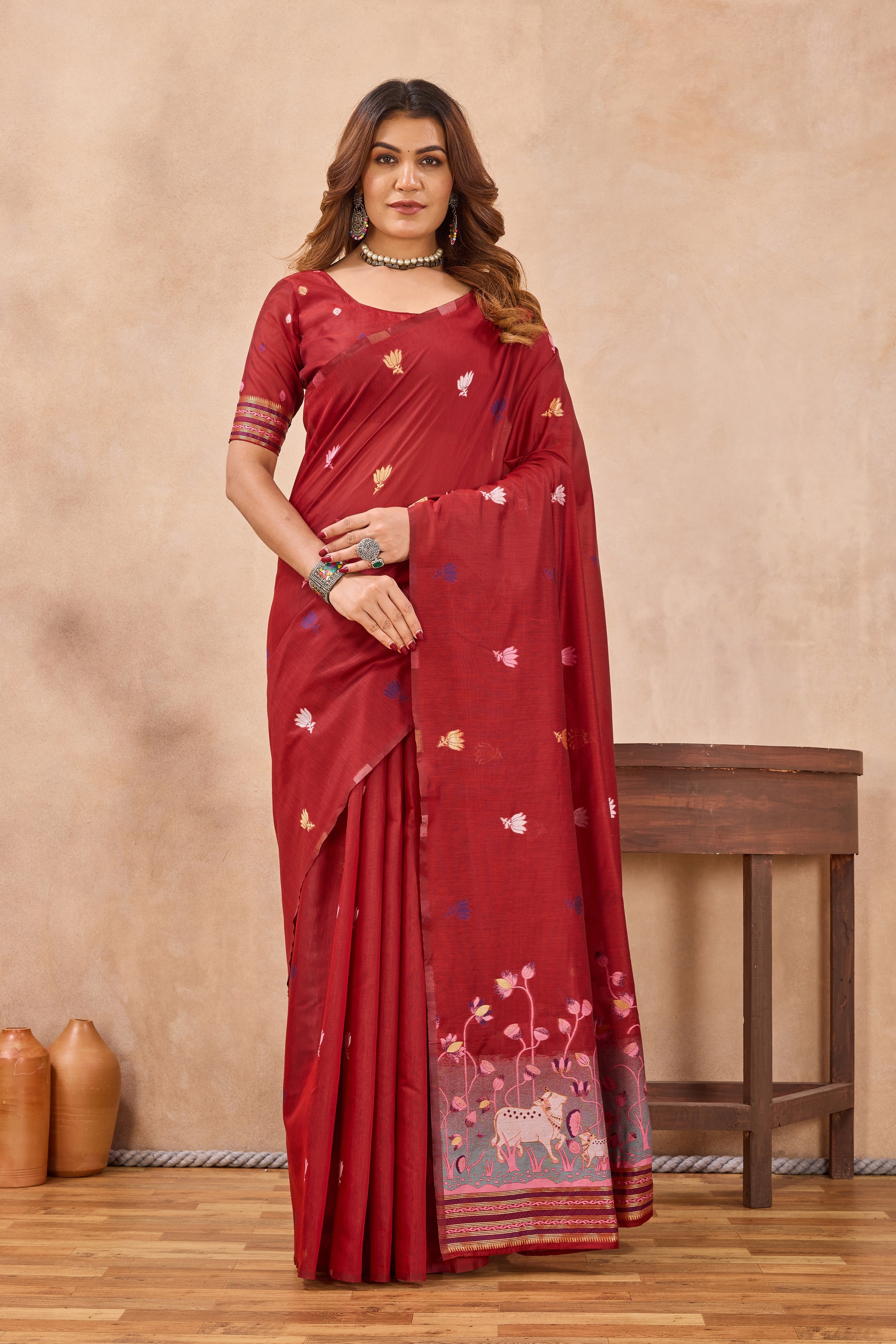 Divine International Trading Co Red Linen Designer Party Wear Festive Saree With Unstitched Blouse Piece - Dista