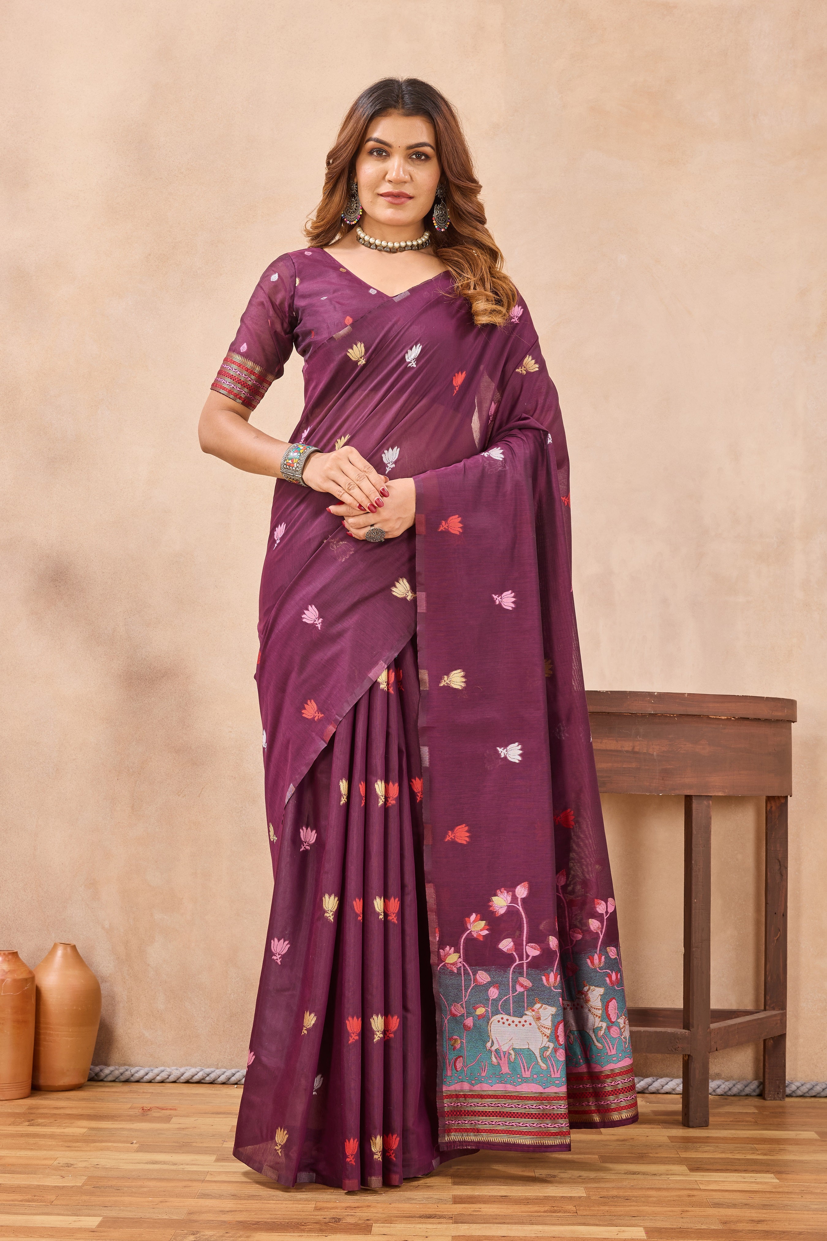 Divine International Trading Co Wine Linen Designer Party Wear Festive Saree With Unstitched Blouse Piece - Dista