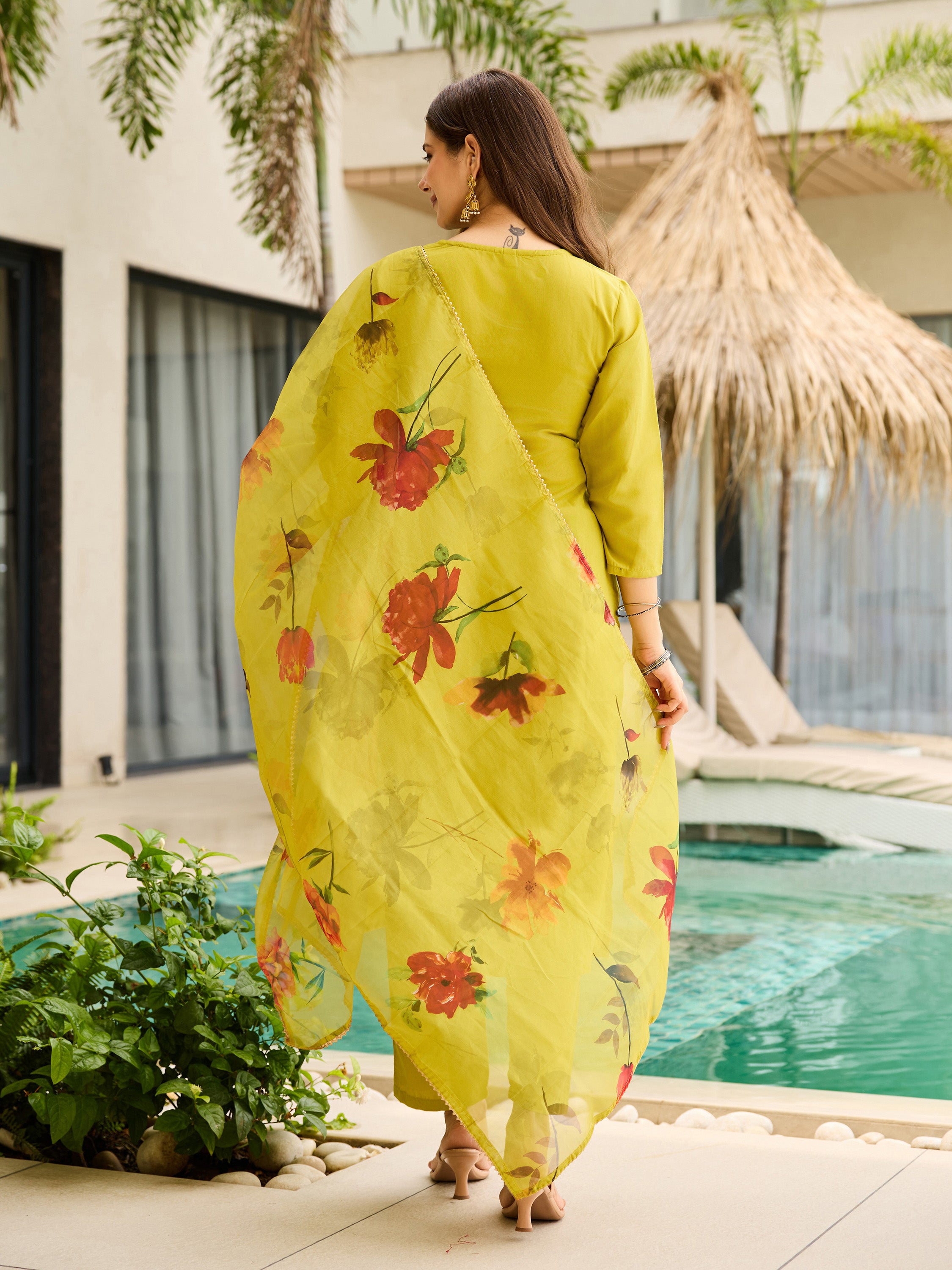 The52 Women Embroidered Rayon Fabric Straight Kurta, Pant and Dupatta Set