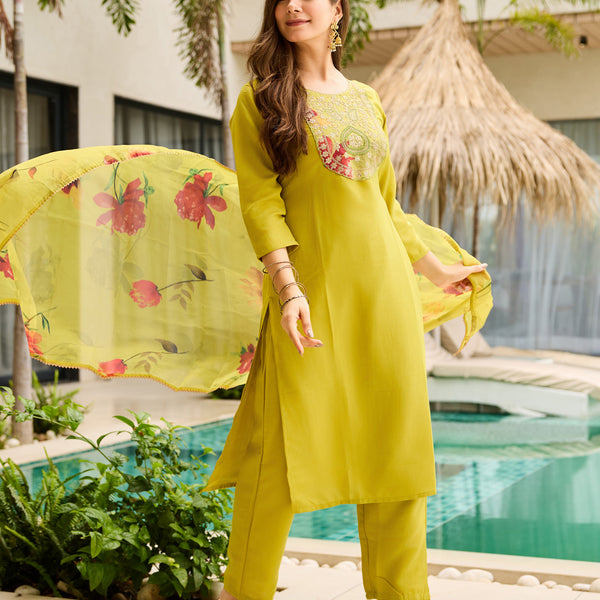 The52 Women Embroidered Rayon Fabric Straight Kurta, Pant and Dupatta Set - Distacart