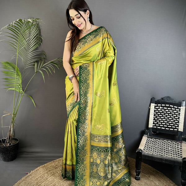 Joban Fashion Light Green Banarasi Soft Silk Peacock Butta Work Saree - Distacart
