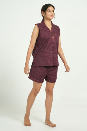 Breathables Women Cotton Night Suit Shirt And Shorts Co-Ord Set Maroon I Nightwear | Loungewear Set - Dista