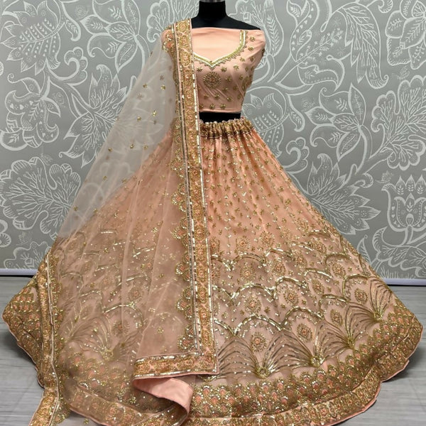 Jyoti Fashion Women's Peach Bridal Net Fancy Sequins with Multi Thread Embroidered & Handwork Wedding Lehenga Choli - Distacart