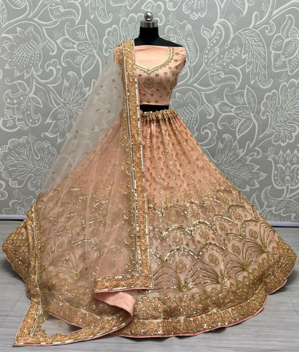 Jyoti Fashion Women's Peach Bridal Net Fancy Sequins with Multi Thread Embroidered & Handwork Wedding Lehenga Choli - Distacart