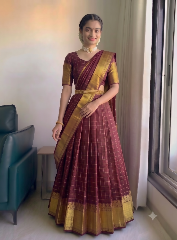 Teeya Creation Classic Maroon Checkered Silk Lehenga Choli with Heavy Zari Border - Dista
