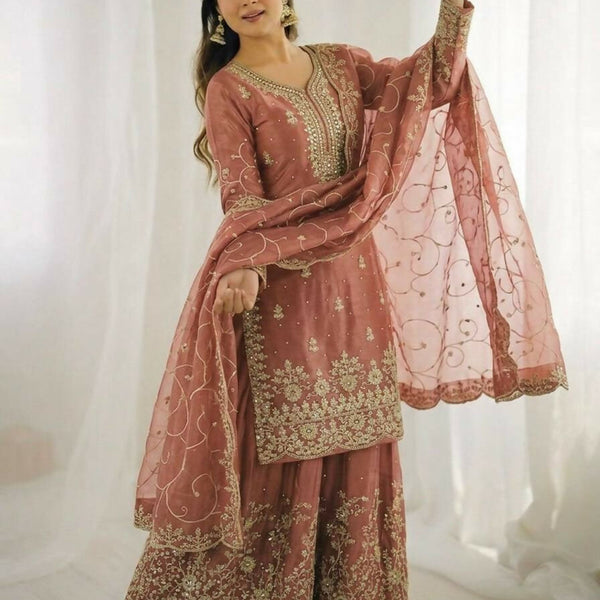 Teeya Creation Peach Color Gymmi Silk Embroidery Work Wedding Wear Sharara Set - Distacart