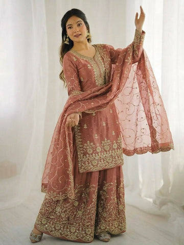 Teeya Creation Peach Color Gymmi Silk Embroidery Work Wedding Wear Sharara Set - Distacart