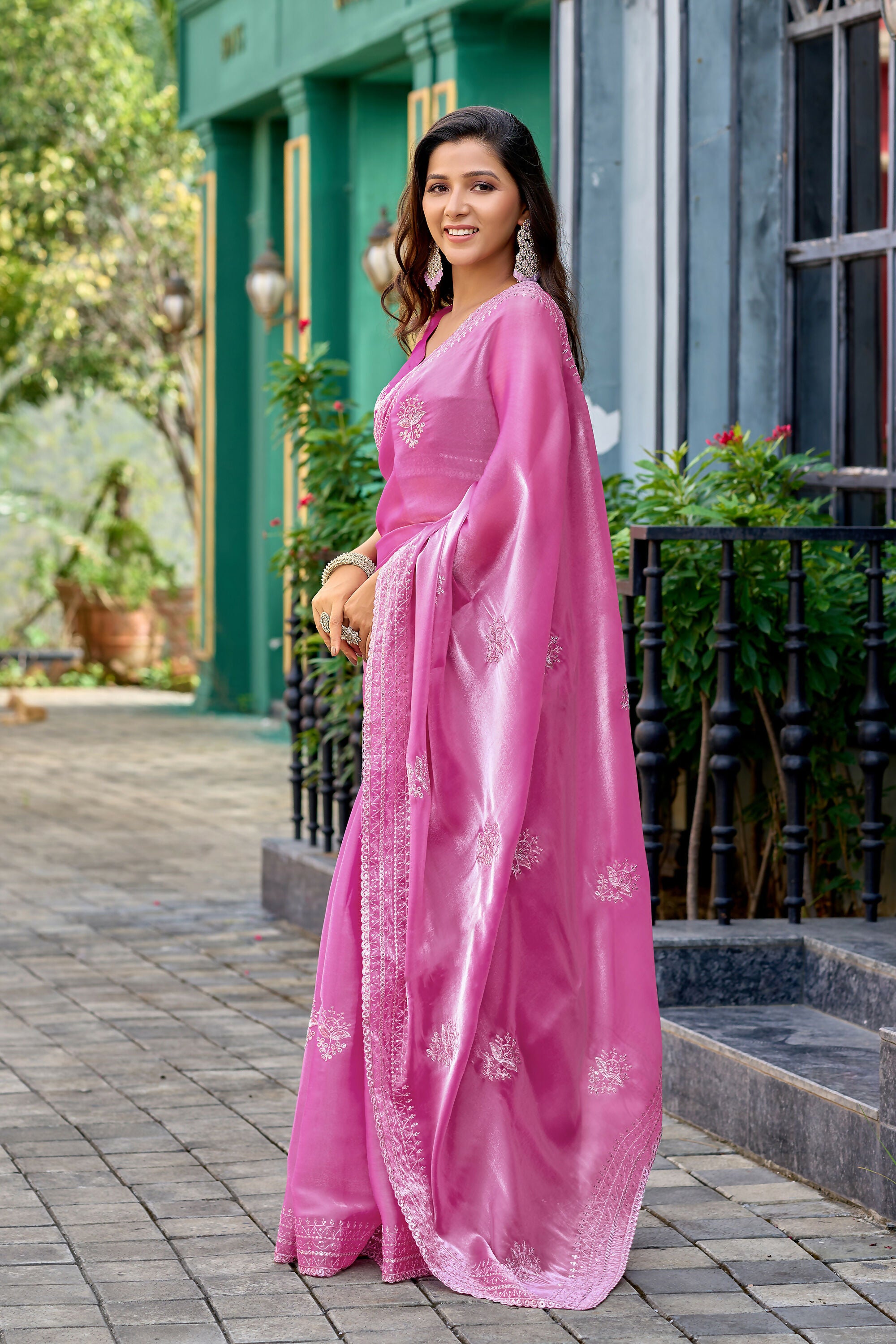 Vastranavya Baby Pink Embroidery Work Shimmer Chiffon Saree with Unstitched Blouse