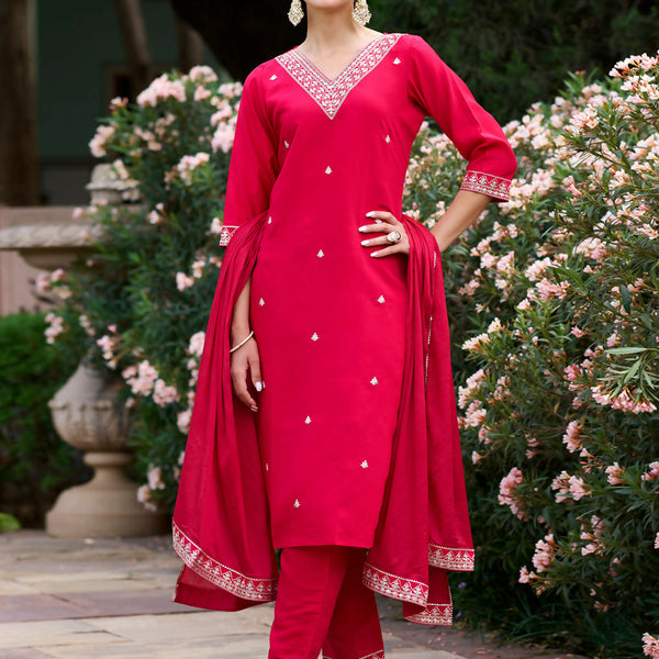 The52 Red Women's Gorgeous Embroidered Rayon Slub Fabric Straight Kurta Pant with Dupatta Set - Distacart