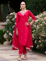 Thumbnail for The52 Red Women's Gorgeous Embroidered Rayon Slub Fabric Straight Kurta Pant with Dupatta Set - Distacart