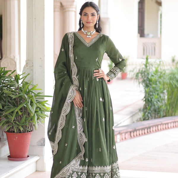 Lehenga Mart Premium Readymade Gown With Dupatta Set For Women-Mehendi Green - Distacart