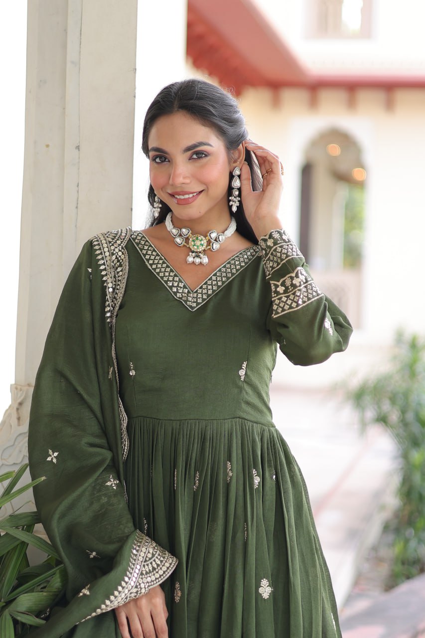 Lehenga Mart Premium Readymade Gown With Dupatta Set For Women-Mehendi Green - Distacart