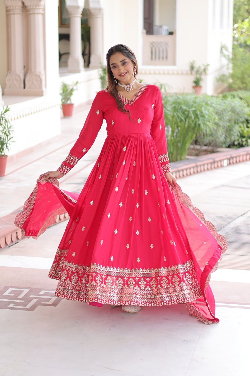 Lehenga Mart Premium Readymade Gown With Dupatta Set For Women-Rani Pink - Distacart
