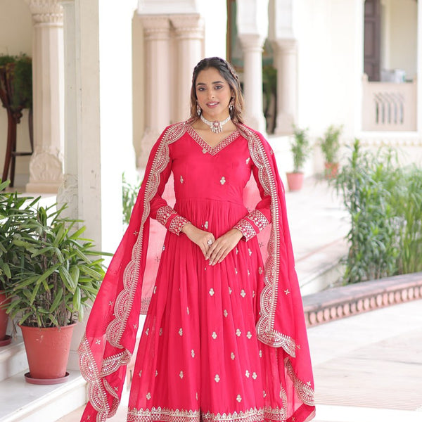 Lehenga Mart Premium Readymade Gown With Dupatta Set For Women-Rani Pink - Distacart