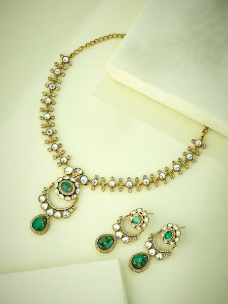 Nuyug 22K Gold-Plated Kundan Studded Faux Jasper Stone Necklace Set