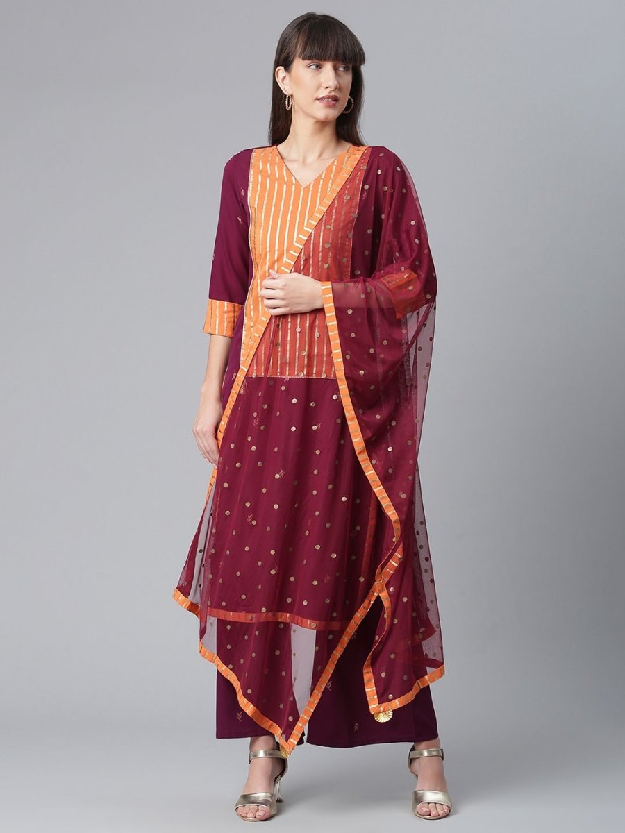 Ahalyaa Wine Crepe Solid Kurta Palazzo Set With Printed Dupatta
