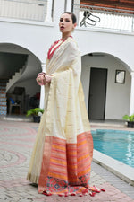 Thumbnail for Vishnu Weaves Women's Cream Raw Silk Patola Zari Woven Saree with Blouse