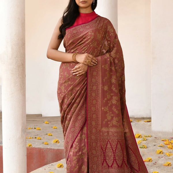 Joban Fashion Rouge Pink Crepe Chiffon Pure Handloom Banarasi Silk Saree - Dista