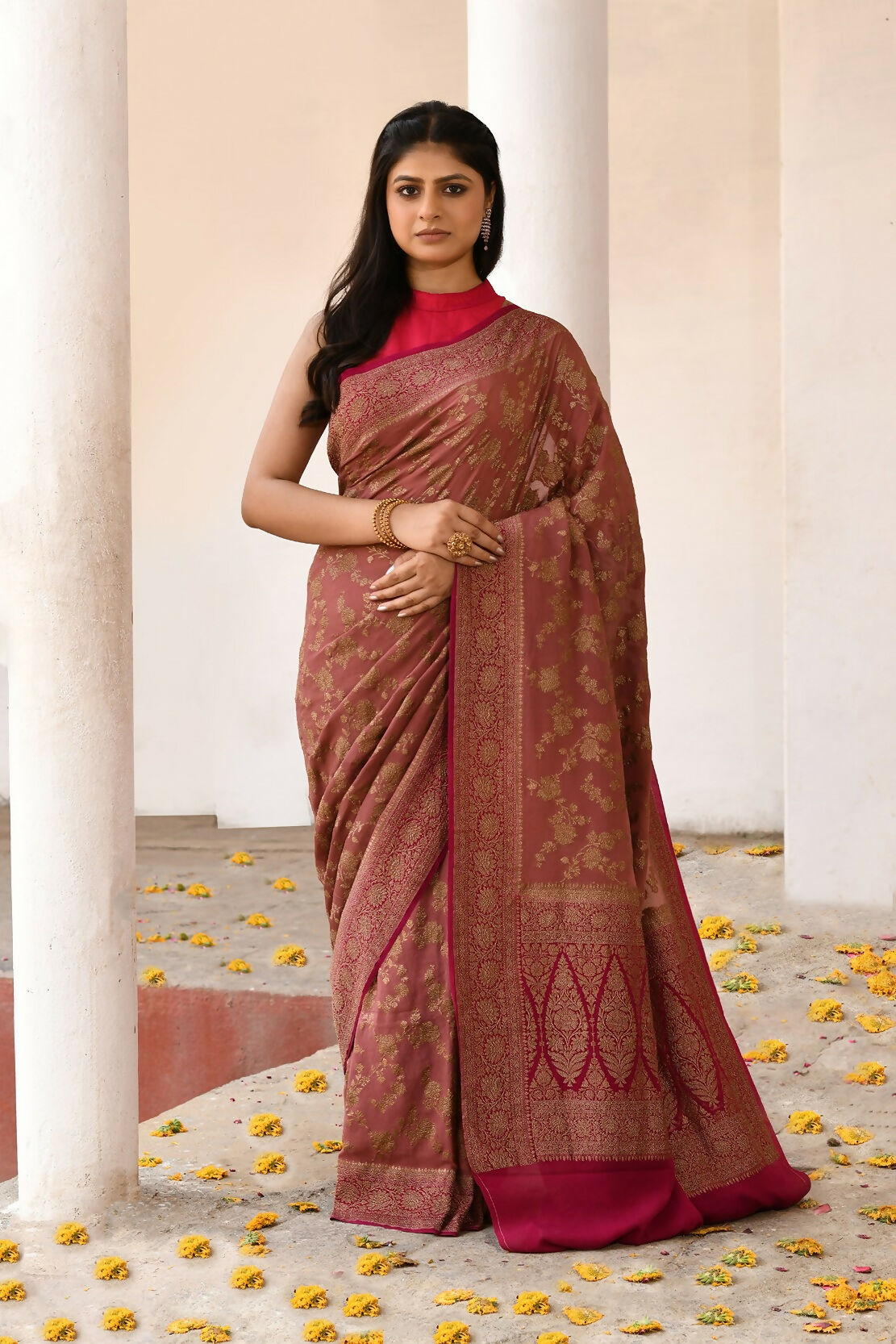 Joban Fashion Rouge Pink Crepe Chiffon Pure Handloom Banarasi Silk Saree - Dista