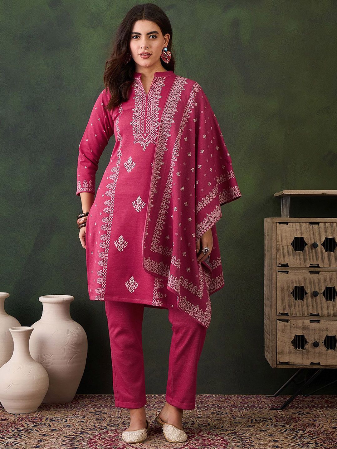 Sangria Self-Designed Winter Kurta & Trousers With Dupatta - Distacart