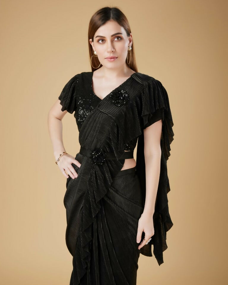 Black Imported Crush Solid Ready to Wear Saree with stitched Blouse - Aayan - Distacart