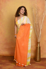Thumbnail for Very Much Indian Tie & Dye Handloom Mul Cotton Saree - Orange Yellow - Distacart