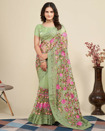 Teeya Creation Womens Latest Stylish Party Wear Soft Net Saree-Green - Dista
