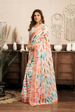 Thumbnail for Joban Fashion White Color Block Linen Ready To Wear Saree With Unstitched Blouse - Distacart